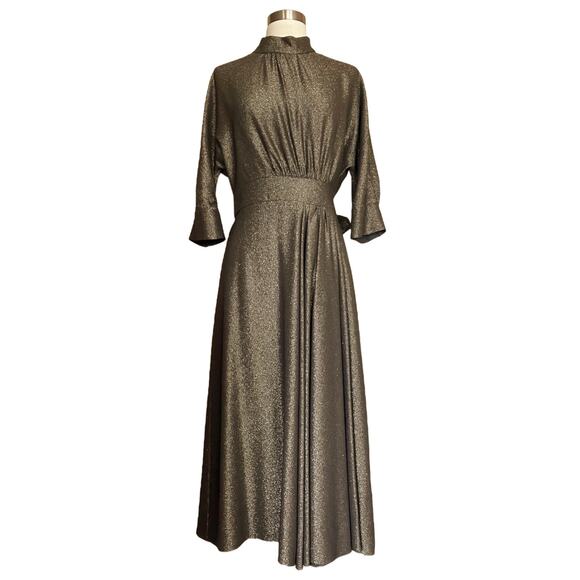 PRADA Lamé Silk Blend Dress in Gold Midi 3/4 Sleeves Runway Designer IT 44/ US 8 - Picture 16 of 16